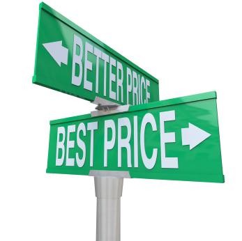 A green two-way street sign pointing to Better Price and Best Price