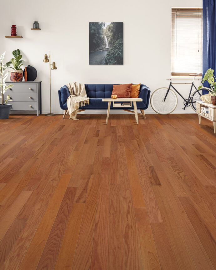 2 1/4" Prefinished Solid Premium Red Oak Butterscotch Hardwood Flooring in room