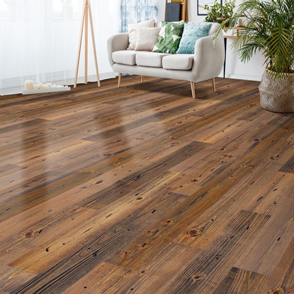 5 1/8" Character Pine Low Gloss Distressed Burnt Sierra flooring shown in room