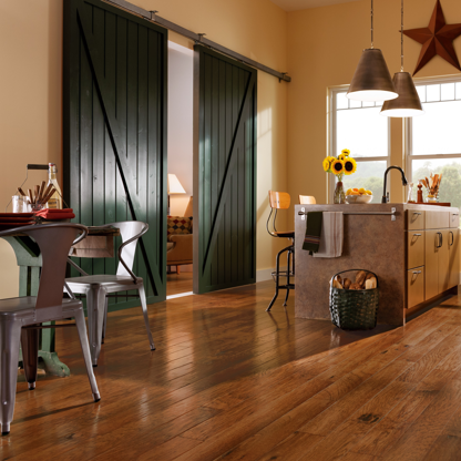 Installed view of American Scrape Cajun Spice hardwood flooring