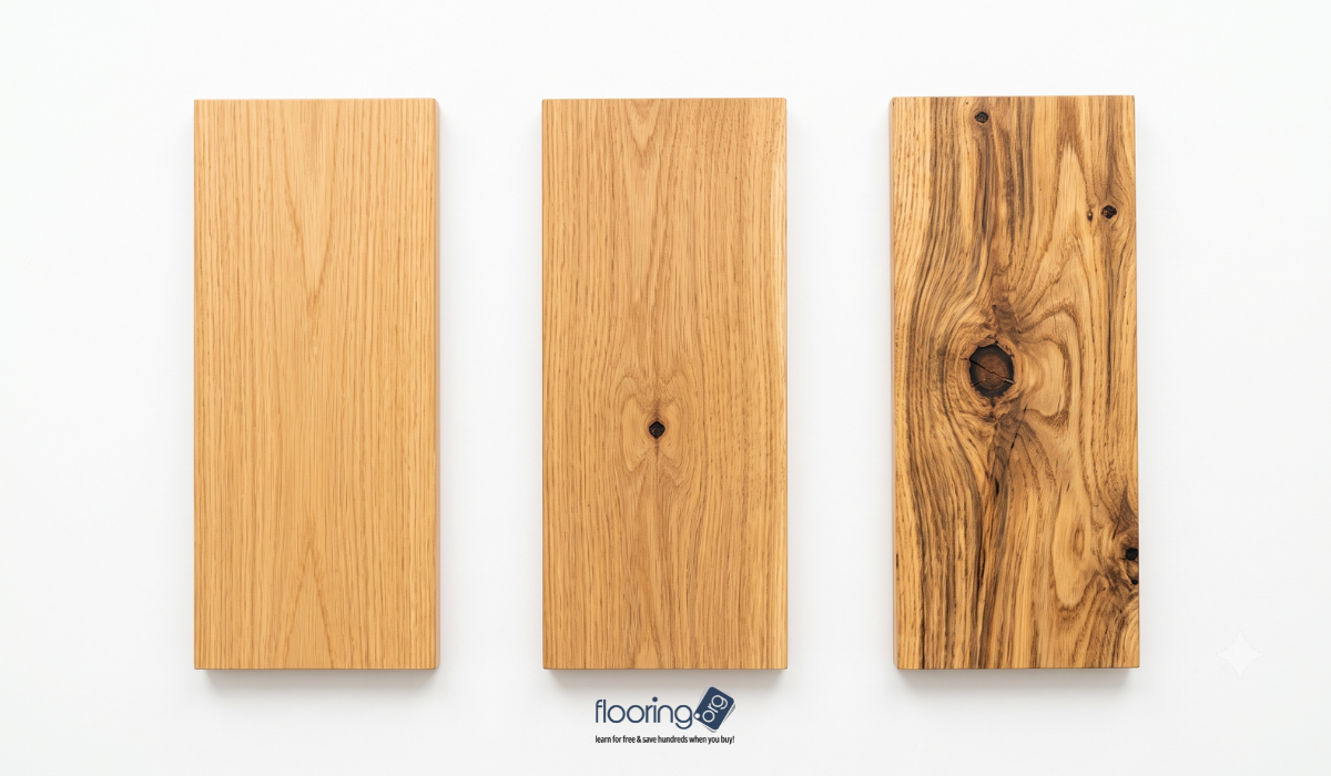 best place to buy hardwood floors Three oak hardwood flooring planks side by side showing Select grade with clean uniform grain on the left, number 1 Common with a small knot in the center, and number 2 Common with bold open knots and dramatic grain on the right