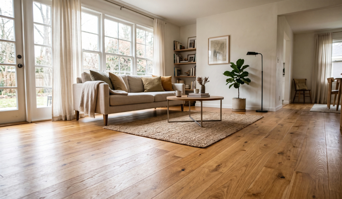 Bright open living room with wide plank warm oak hardwood floors, neutral linen sofa, jute area rug, and large windows showing affordable quality hardwood flooring in a real home